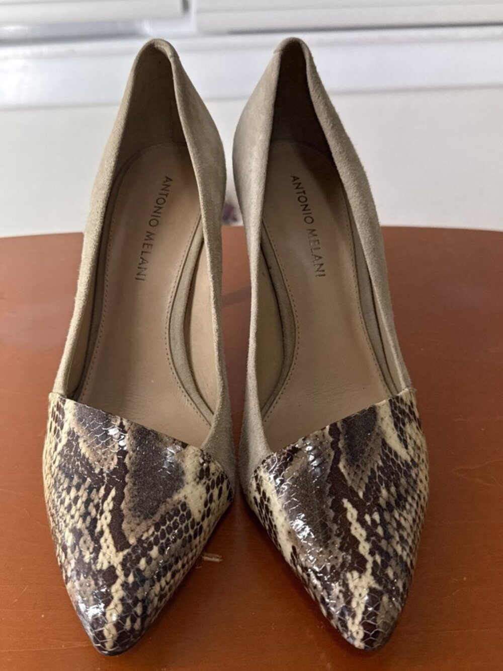 Antonio Melani Snake Print Beige Suede Pointed Toe Slip On Heels Sz 8.5